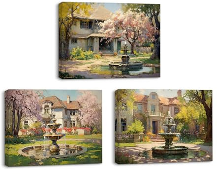 PIY PAINTING Cuadro en Lienzo Fuente en el jardín, Impresiones sobre Lienzo Hermoso Jardín Pinturas Artísticas para la decoración del hogar, Oficina Cafetería, Marco de Madera, 3pz, 40x30cm (120x30cm)