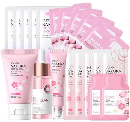 Asheyya Sakura Skincare Set & Kits, Skin Care for Teenage Girls, Skincare for Kids with Face Cream, Face Serum, Lip Mask, Sleep Mask, Eye Mask, Mud Mask(20 Pcs)