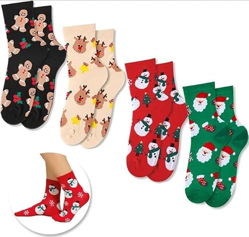 TIANLUD Weihnachtssocken Set, 4 Paare Weihnachtssocken, Kuschelsocken Weihnachten, Christmas Socks Damen, Weihnachtssocken Herren, Niedliche Weihnachtssocken für Damen und Herren