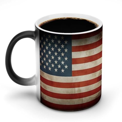 RKJVB Keramik-Kaffeetasse, 340 ml, Verfärbung, Vintage, amerikanische USA-Flagge, bedruckt, wärmewechselnde Kaffeetassen mit Griff, lustige Tassen, Geschenk für Damen und Herren