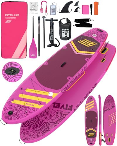 FIVELAKE Stand up Paddling Board Aufblasbare SUP Board,335 x 88 x 15 Extra Breit Standup Paddle Board Con Cam Halterung,3 Finnen,Verstellbares Paddel,Komplettes Zubehör(dunkelrosa)