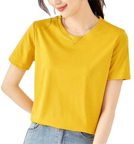 T-shirt en coton de soie pour femme - Col rond - Manches courtes - Hauts solides - T-shirt basique pour femme, Col rond jaune mangue, M Taille courte