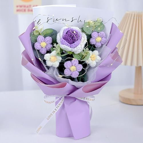 NatureMan Bouquet di fiori artificiali intrecciati a mano, con sacchetto regalo per San Valentino, compleanno, matrimonio, laurea, festa della mamma e decorazione per la casa (bouquet di rose viola)