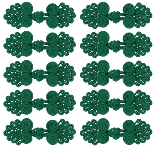 QUARKZMAN 10 Paare chinesische Knoten Frosch Knöpfe Verschluss Dunkelgrün Nähen Knöpfe Verschlüsse mit Perlen für DIY Nähen Mäntel Umhang Pullover Braut Kostüm Outfit, 0,98x2,36 Zoll