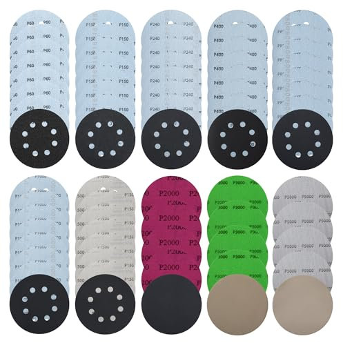 24 Piezas Papel de Lija 125mm Disco de Lija,Colchón de arena seca y húmeda, 60/150 / 240/400 / 800/1000 / 1500/2000 / 3000/5000 granos, 8 agujeros y sin agujeros, adecuado para lijadoras ex