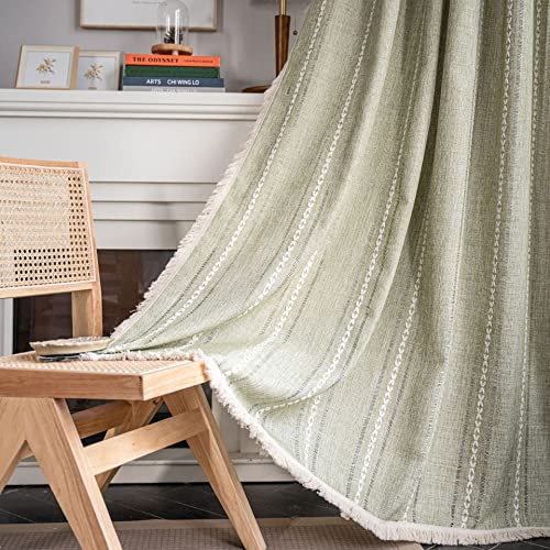 Plancholo Green Boho Curtain for Bedroom Living Room 79 Inches Long 1 Panel Striped Embroidered Farmhouse Cotton Linen Window Curtain Panel Rod Pocket Drape with Tassels (52 W x 79 L)