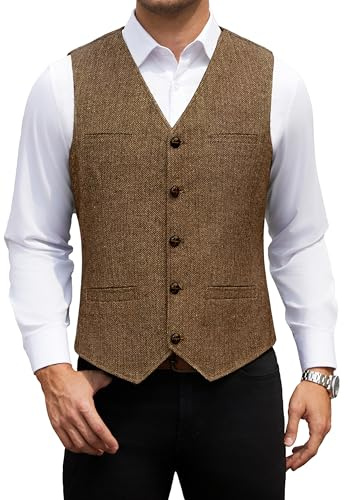 HISDERN Gilet Uomo Tweed Marrone Elegante Gilet Abito in Lana Vintage Panciotto Uomo Casual Business con Bottoni L