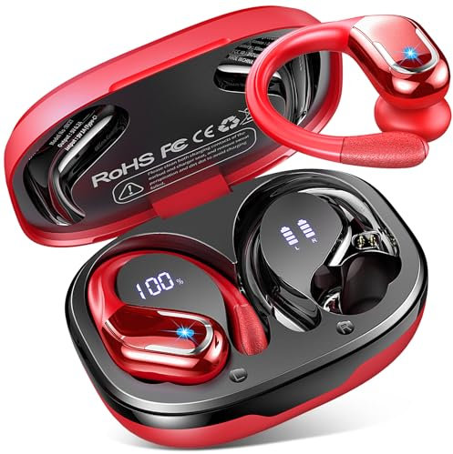 Ecouteurs Bluetooth sans Fil Sport, Écouteur Bluetooth5.4 HiFi Stéréo, 75H Ecouteurs sans Fil avec 4 ENC Mic, IP7 Étanche Oreillette Bluetooth Running, USB-C Charge Rapide, Écran LED Casque, Rouge