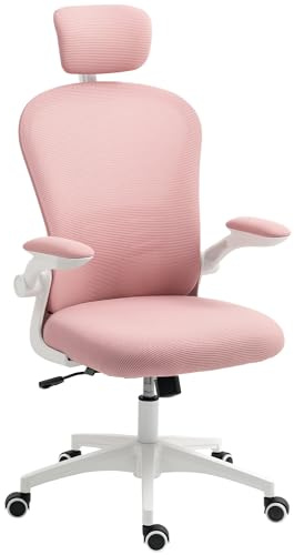 Vinsetto Bürostuhl mit hoher Rückenlehne, Netzstoff, Computer-Schreibtischstuhl mit drehbarer Kopfstütze, 4D-Lendenwirbelstütze, hochklappbarer Arm, höhenverstellbar, Rosa