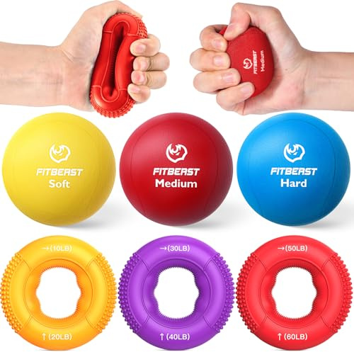 FitBeast Grip Strength Trainer, Finger Exerciser, Stress Balls for Adults, Hand Therapy for Strength, Recovery & Stress Relief, Forearm Strengthener for Men, Women & Seniors (6-Piece Warm Tones)