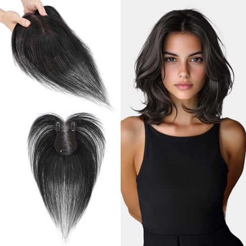 S-noilite Haar Toppers Echthaar Natürliches Schwarz - Toupet für Frauen mit Seitenpony 100% Echthaar Clip in Haarteile für Dünnes Haar 14 Gramm 27cm