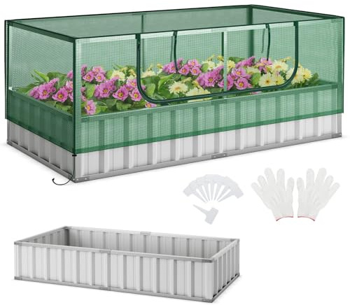 COSTWAY 2-i-1 upphöjd bädd med växthus, galvaniserad planteringsbädd med rulldörr, avtagbart PE-skydd, rektangulär trädgårdsbädd metall, blomrabatt, växtlåda, drivhus, grön, 174 x 90 x 70 cm
