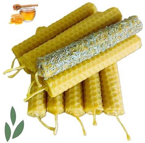 YA-DECOREGALOS PACK DE 10 VELAS DE CERA DE ABEJA PURA + 1 VELA DE CERA DE ABEJA CON ROMERO, ELABORADAS A MANO CERTIFICADA, SIERRA DE LOS PEDROCHES MEDIDAS 10 * 2.5 APROX. SIN PARAFINA MECHA DE ALGODON