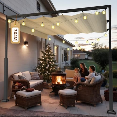 Soontrans Pergola mit Verstellbarem Schiebedach 3 x 4 m, Dein Rückzugsort im Grünen, Pavillon mit Terrassenüberdachung Freistehend, Überdachung Terrasse aus Stahl & Polyester für Garten Pool (Creme)