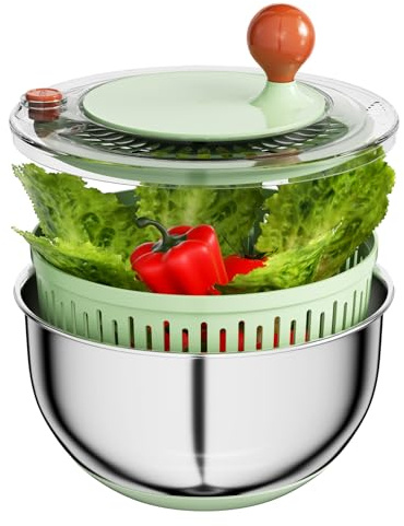 Skynzor Salatschleuder Edelstahl mit Deckel, Salad Spinner, Salatschleudern, Salat Schleuder, mit Kurbelantrieb & Stopptaste, Waschen Schleudern und Trocknen von Obst Gemüse mit Salatschüssel
