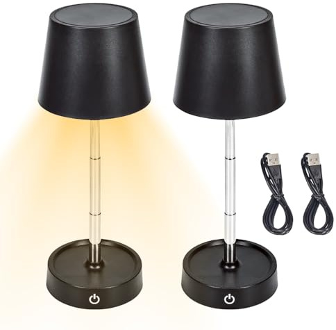 Dhqkqg LED Tischleuchte Kabellos, 2Pcs LED Tischlampe Akku USB Aufladbar, Leds Dimmbare Akku Tischlampe Kabellose, Teleskop Tisch Lampe, Touch Lampe Kabellos für Nachttisch, Schlafzimmer (Schwarz)