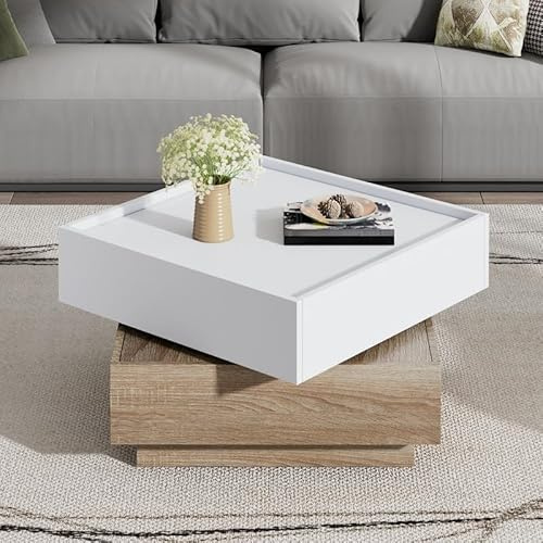 Solisburne Mesa de centro con tapa giratoria 360°, mesa de salón de 2 niveles y armario de almacenamiento, mesa auxiliar con marco de nogal, mesa de café, color blanco, 60 x 60 x 38 cm