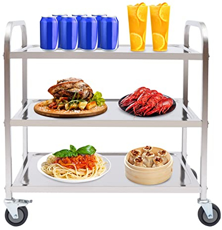 MIUKYUI Carro de servicio de cocina de 3 pisos, acero inoxidable, plegable, negro, resistente, con ruedas y freno de pie, capacidad de 120 kg, para restaurante, bar, hotel, taller, hogar