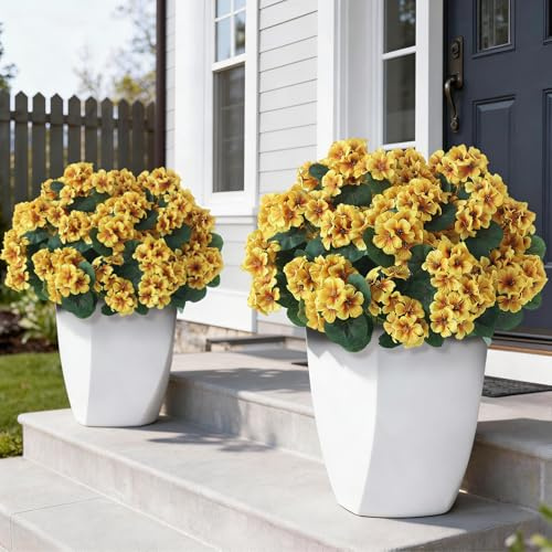 GLIDLION 12 Bundles Artificial Geranium Flowers for Spring Summer Decor, UV-Resistant Fake Plants Realistic Faux Silk Bouquets for Front Door Farmhouse Garden Porch Home Outdoor Decor (Yellow)