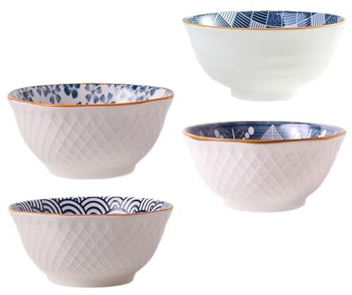 BAZEITFLOW Set 4 Pezzi Ciotole Ramen in Ceramica Giapponese, Ciotole per Zuppa e Riso in Porcellana, Uso Casa e Ristoranti, Design Pratico e Facile da Pulire Stile Casuale