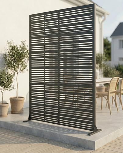 Sichtschutz für Garten, Balkon, Terrasse & Fenster 183 cm hoher Paravent aus Metall, wetterfest & freistehend mit Bodenankern, pulverbeschichtet und rostfrei | modernes Lamellendesign (1, Mattschwarz)