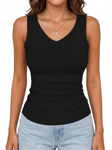 Xiaoliny Canotta Donna Scollo a V Estiva Top Senza Maniche Elegante Canottiera a Costine Basic Aderente Maglietta Casual Elasticizzato Slim Fit Tank Top Morbido Sottogiacca Lunga T Shirt Tinta Unita
