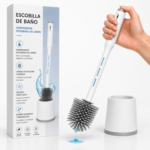 Escobilla de baño con dispensador de jabón Recargable| Cepillo WC de Silicona 360 sin Salpicaduras | Escobillero con Soporte higiénico, diseño Moderno y sin Montaje