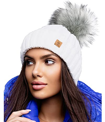 4sold Damen Winter Strickmütze – warme Beanie mit Kunstfell-Bommel – handgefertigt in Polen, italienisches Acryl, weich & atmungsaktiv, viele Farben, One Size