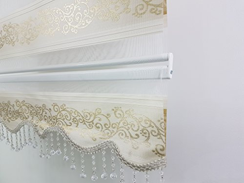 kskeskin Duo Rollo 160 cm x 200 cm Creme goldranken Doppelrollo mit Alukassette mit breiter Beschwerung und Perlen Volant