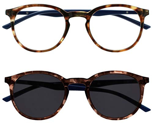 OPULIZE Met Doppelpack Lesebrille Mit Sonne Leser Groß Runden Braun Marineblau Herren Damen Federscharniere RS60-2 +1,50
