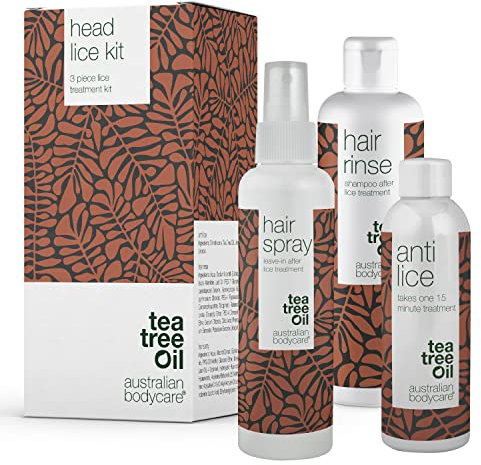 Kit Head Lice Treatment Australian Bodycare | Kit 3 Produits d’Elimination des Lentes | A l'Huile d'Arbre à Thé | Traitement, Spray Préventif et Shampooing Anti-Poux en 15 min pour Toute la Famille