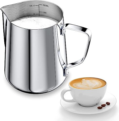 Milchkännchen, 350ml Handaufschäumer aus Edelstahl, Kaffeeweißer Milchaufschäumer Tasse mit Messmarke, Milchkännchen passend für Barista Cappuccino Espresso