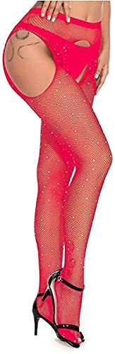 JFAN Calze a Rete Donna Calze a Vita Alta con Brillanti Lucido Clubwear Rosso