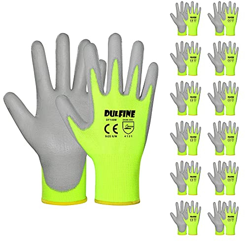 DULFINE Safety Work Gloves for Men PU Coated 12 Pairs Bulk Pack,Hi-Vis Yellow Seamless Knit Glove with thin Polyurethane Coated Smooth Grip on Palm & Fingers, Ideal for General Duty Work (Large)