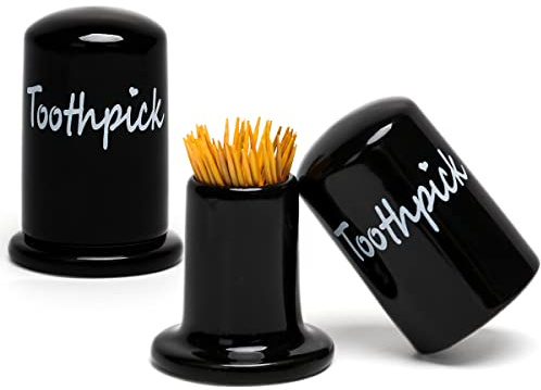 Swetwiny Ceramic Toothpick Holder Set of 2, Porcelain Toothpick Holder Dispenser with Lid for Home and Kitchen Decor (2pcs Black)