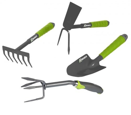 Lot 4 outils de jardinage, Griffe 4 dents, serfouette, rateau, transplantoir pour fleurs