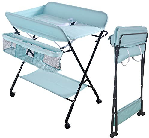 Wickeltisch Klappbar, Höhenverstellbare Wickelkommode, Traglast bis 15 kg, Anwendbare Mütter Höhe: 145-175 cm (Hellblau-schwarz)