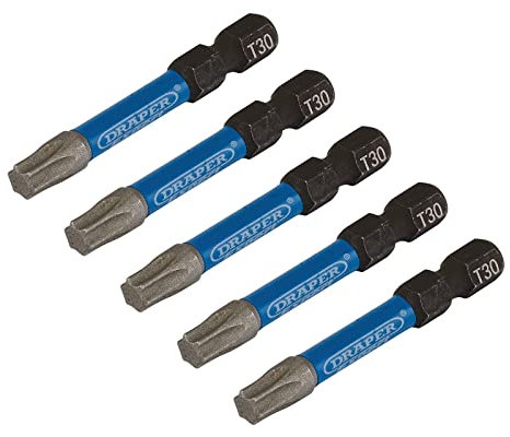 Draper Expert TX-STAR T30 5 -Piece Impact screwdriver Bits Set | S2 Steel 50mm 1/4 Inch Hex Drive Tools | 05656