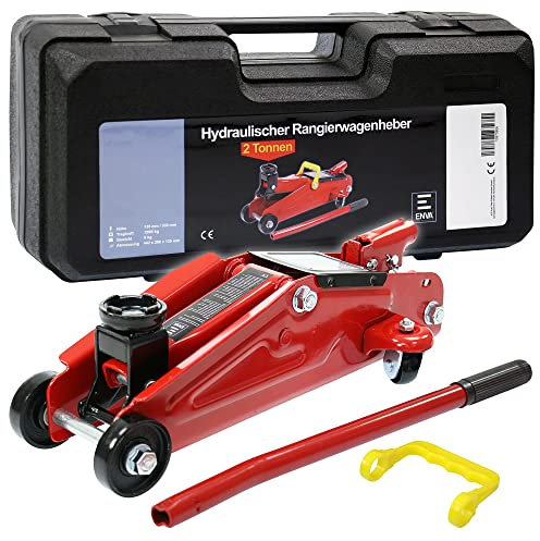 ENVA Hydraulischer Rangierwagenheber 2 Tonnen Tragkraft mit 135-340mm Hubhöhe Wagenheber fürs Auto mit Gummiauflage KFZ Wagenheber im Koffer