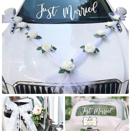 Chexin Premium Autoschmuck Hochzeit Braut Paar, Weiß Rose Autodekoration Schmucfür Motorhaube, Aautogirlande Hochzeit Set mit 9 extrastarken Saugnäpfen 6 Schleifen und Just Married Aufkleber 2 Gaze