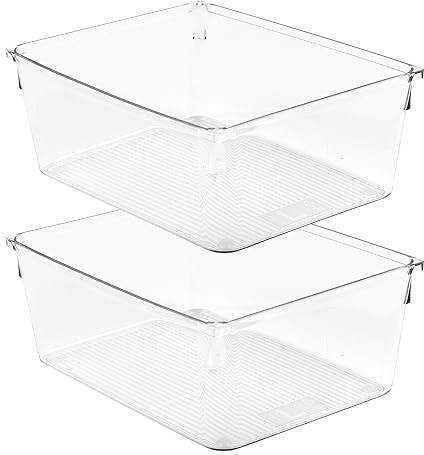 Amtido Clear Drawer Organiser Tray Set, 2 Pack – Durable Storage Containers for Kitchen, Pantry, Office & Cosmetics – Plastic Drawer Organiser Fits Drawers, Cupboards & Fridge - 15.2 x 20.3 x 8.3cm