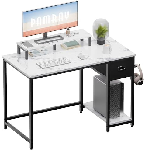PAMRAY Scrivania computer 98 x 50cm con supporto monitor e cassetto portaoggetti. Ideale per la casa, lo studio e il lavoro Marrone