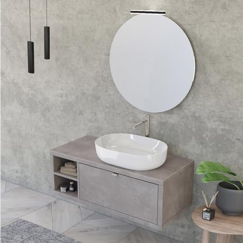 Inbagno Mobile bagno sospeso 110 cm grigio cemento con cassetto soft-close e vano reversibili, lavabo 42,5 cm e specchio tondo a filo 80 cm, MASTER