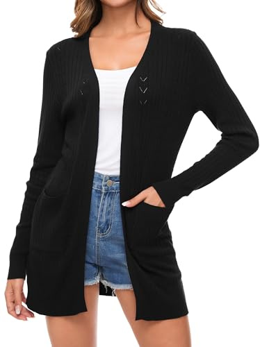 Famrrifuu Damen Strickjacke Lang Cardigan Sommer Leichte Jacke Casual Langarm Elegant Sommerjacke mit Tasche,Schwarz,XL