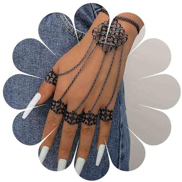 Yienate Gothic Multiple Finger Ring Bracelet Vintage Stack Knuckle Band Hand Chain Black Punk Slave Bracelet Link Chain Hand Harness Bracelet Jewelry for Women and Girls