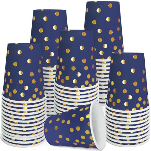 WYQJHKV Gobelets jetables en carton bleu marine et doré, 255 ml | Lot de 50 gobelets jetables bleu marine à pois dorés pour anniversaire, mariage, fête