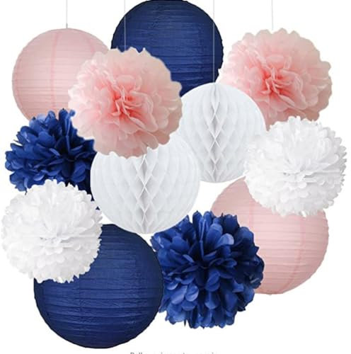 12 Stück papierlampion Seidenpapier Pompoms Wabenbälle Dekorpapier Papierlaterne Bienenwabenball für Geburtstag Hochzeit Party Babydusche Abschlusszeremonie Hintergrunddekoration,Blau Weiß Rosa