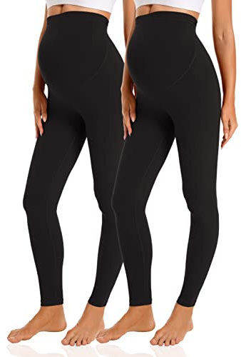 Gowjog 2 Packs Leggings De Maternité Taille Haute Opaque Extensible Mode Maison Yoga Sport Enceintes Leggings De Grossesse (Noir/Noir,L)
