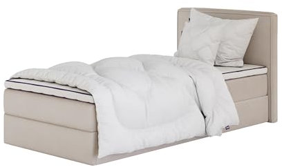 mybed. Boxspringbett Einzelbett Mitto Conti Rechte Seite Polsterbett mit Bettkasten Cremig 7-Zonen Taschenmatratze H2 100x200 und Topper Jugendbett Kinderbett