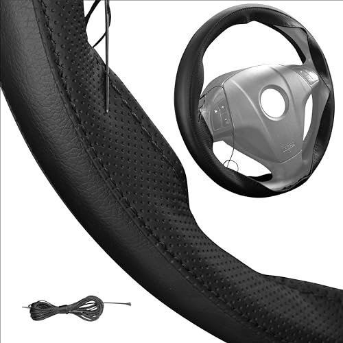 Lenkradbezug Leder, Auto Lenkradhülle zum schnüren Nähen mit Nadel und Faden Spezial Sport Design M3 Schwarz Universalgrösse 37-38 cm